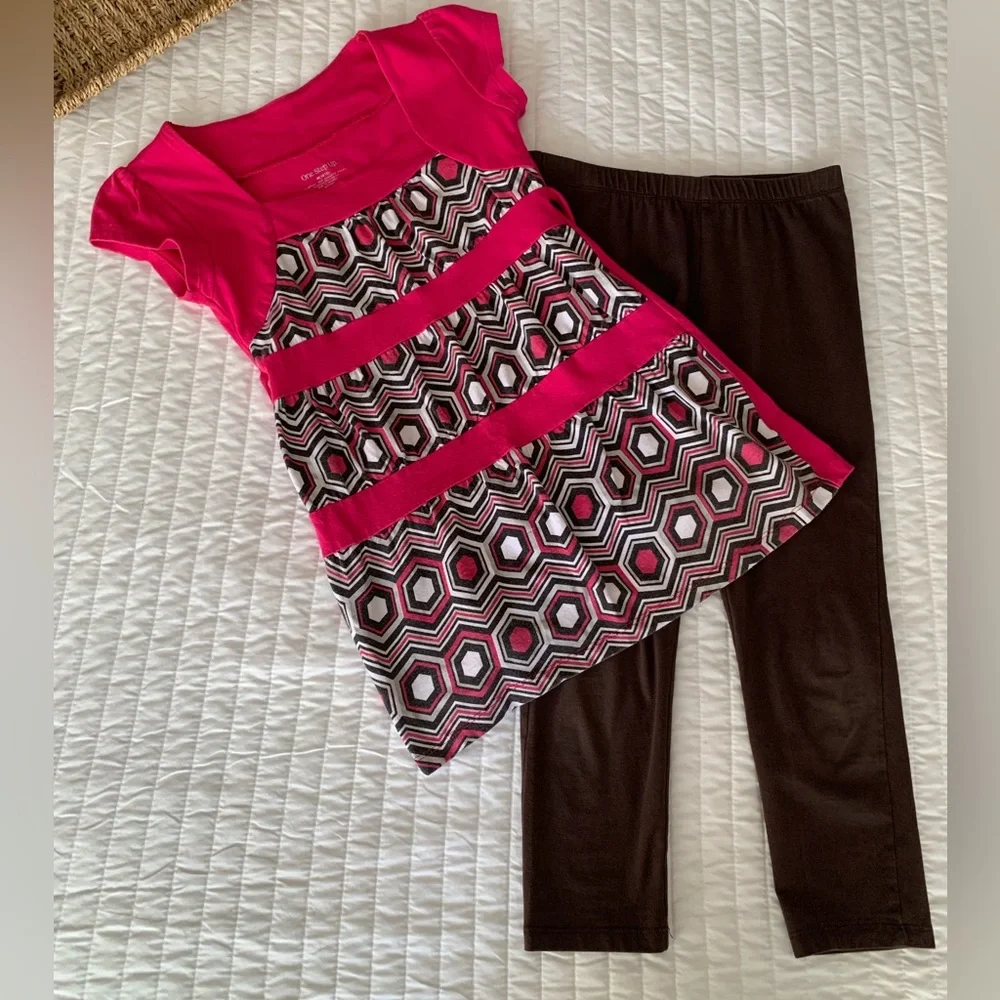 One Step Ahead Set Girls M (10-12) Pink Brown Top Leggings Geometric Tie Back
